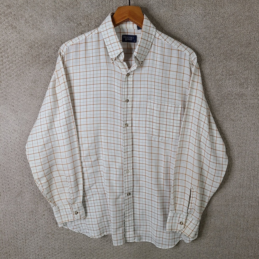 Vintage Hunters Ridge Shirt Mens Large White Tan Plaid Button Down Poly Cotton